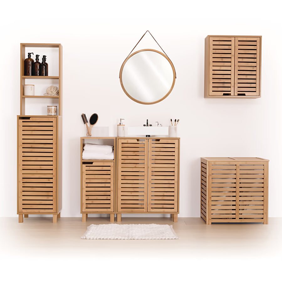 Dulap baie 5Five Sicela pentru lavoar, cu usi si rafturi, bambus si MDF, 60x28x80 cm, natur