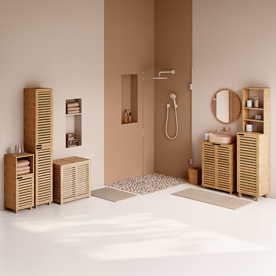 Dulap baie 5Five Sicela pentru lavoar, cu usi si rafturi, bambus si MDF, 60x28x80 cm, natur