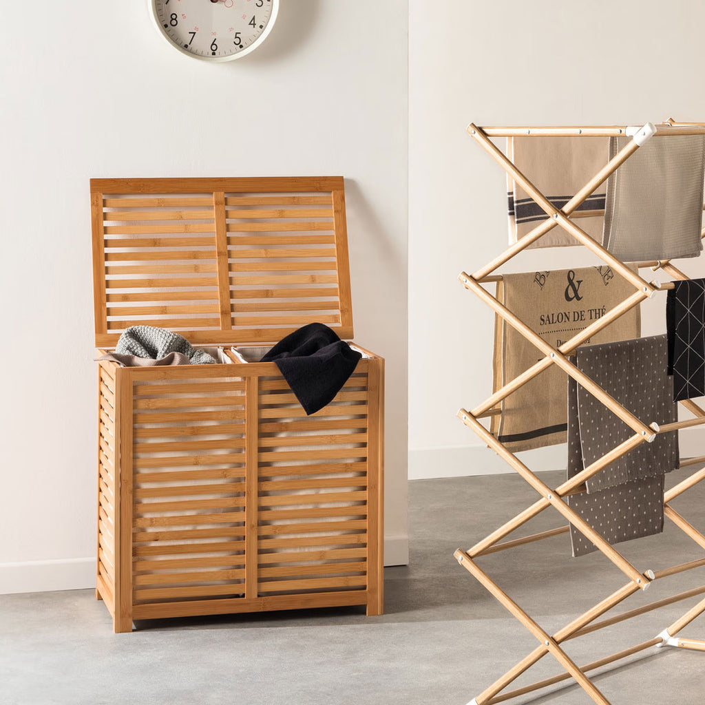 Cos rufe 5Five Sicela din bambus, 2 compartimente, capacitate 100L, 58x40x60 cm, natur