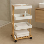 Etajera cu 4 rafturi 5Five Natureo pe roti, MDF si bambus, 40x30x88 cm, alb