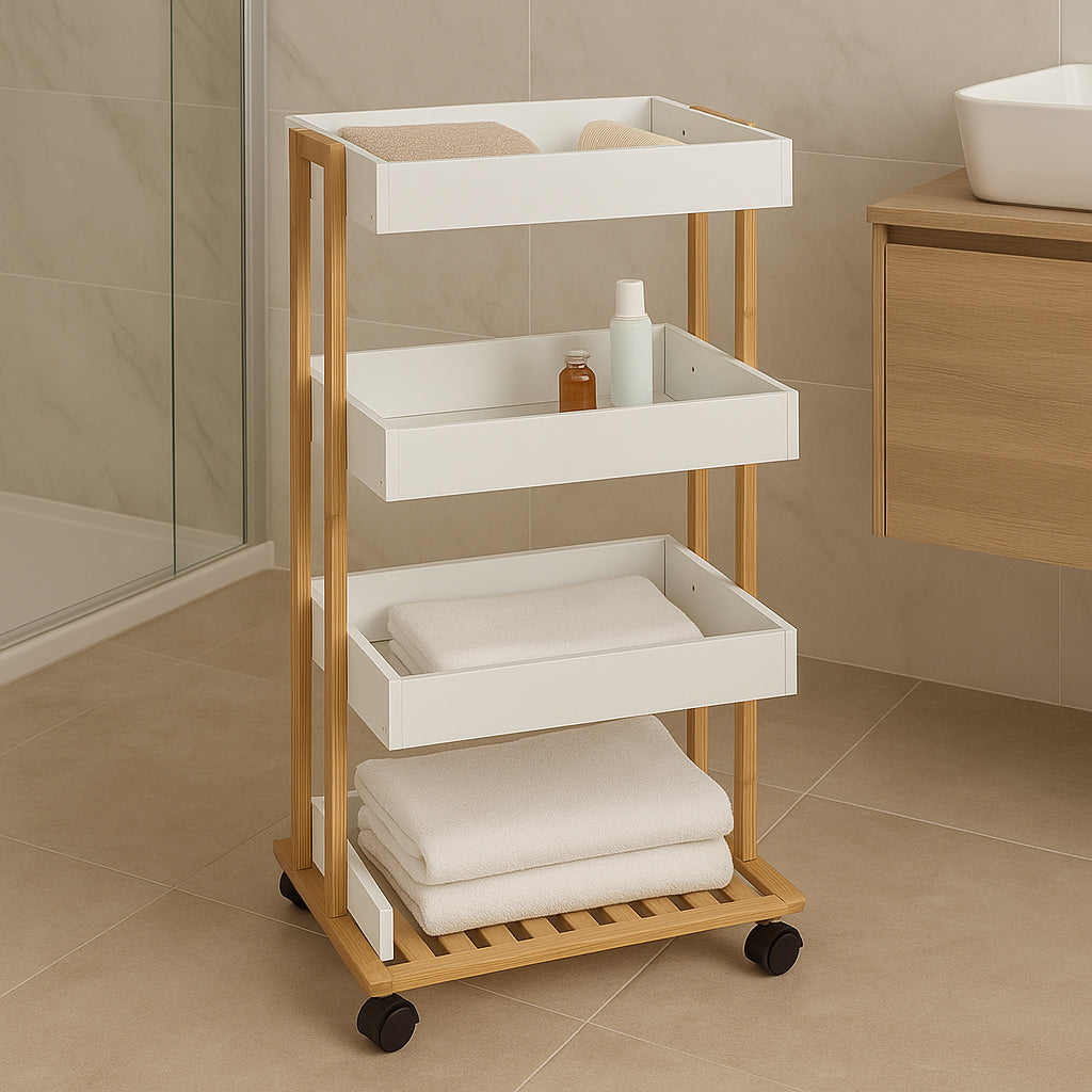 Etajera cu 4 rafturi 5Five Natureo pe roti, MDF si bambus, 40x30x88 cm, alb