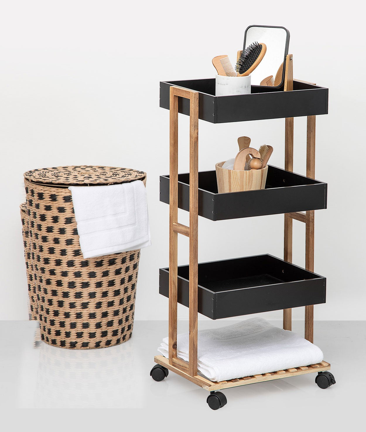 Etajera cu 4 rafturi 5Five Natureo pe roti, MDF si bambus, 40x30x88 cm, negru