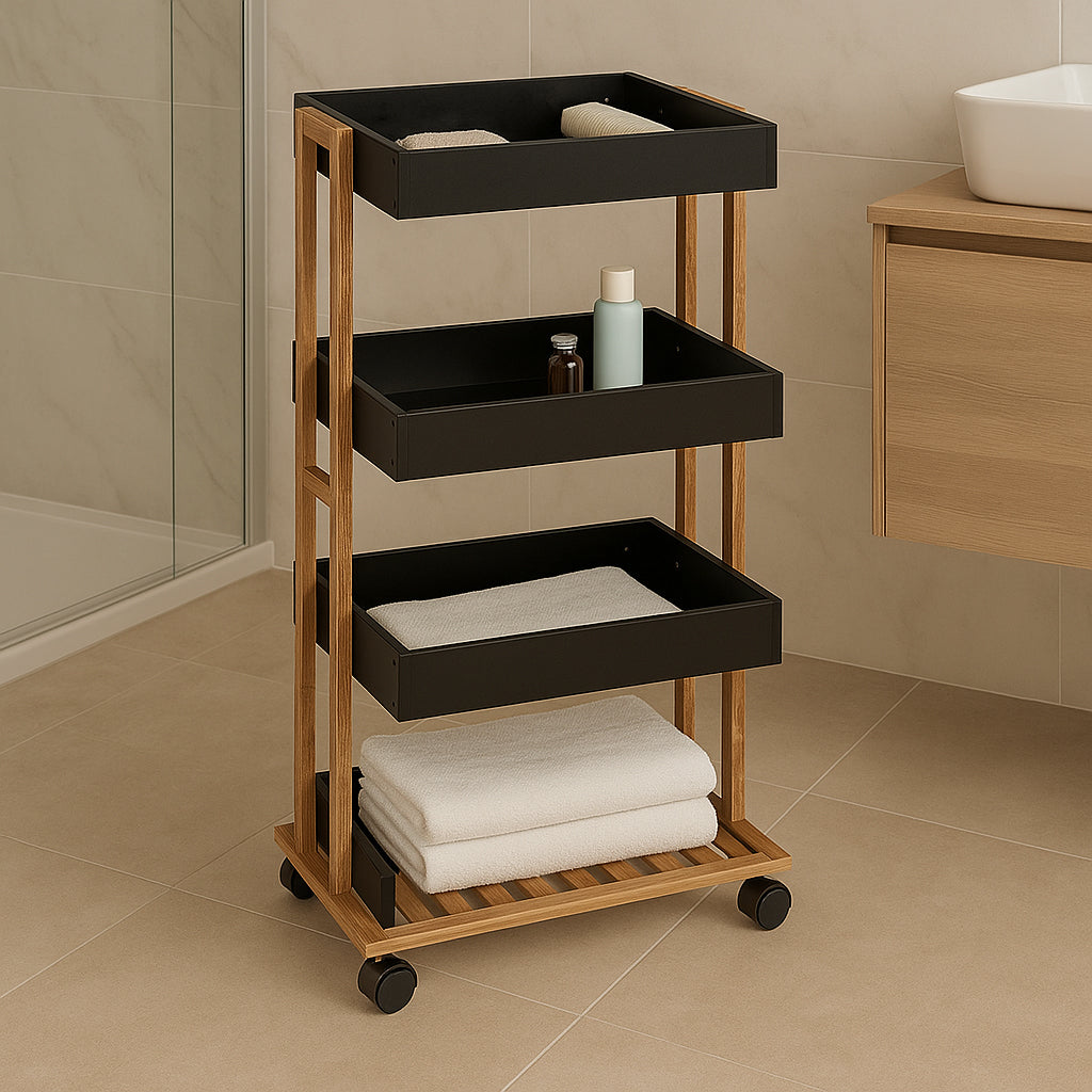 Etajera cu 4 rafturi 5Five Natureo pe roti, MDF si bambus, 40x30x88 cm, negru