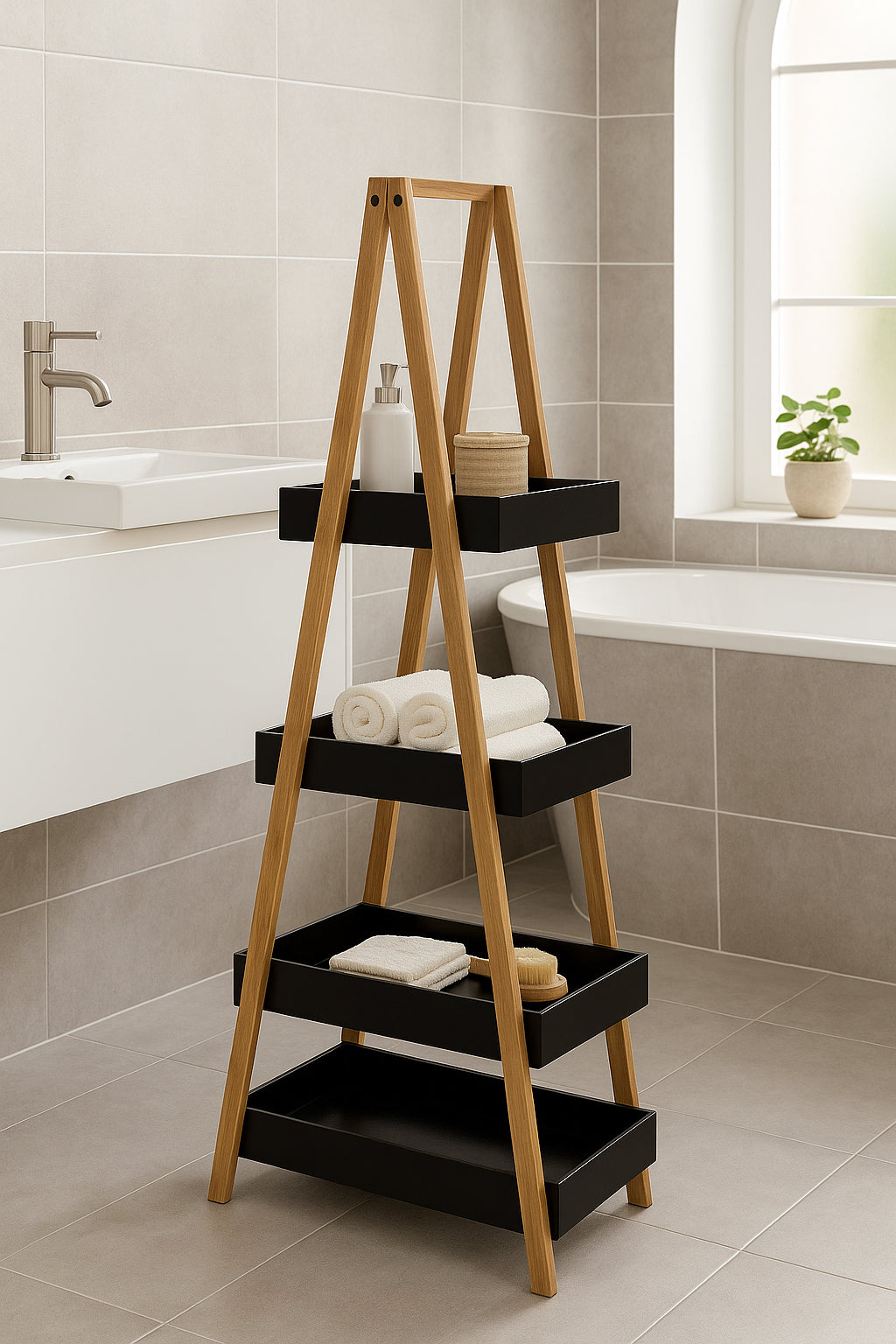 Etajera cu 3 rafturi 5Five Natureo, MDF si bambus, 30x18x82 cm, negru