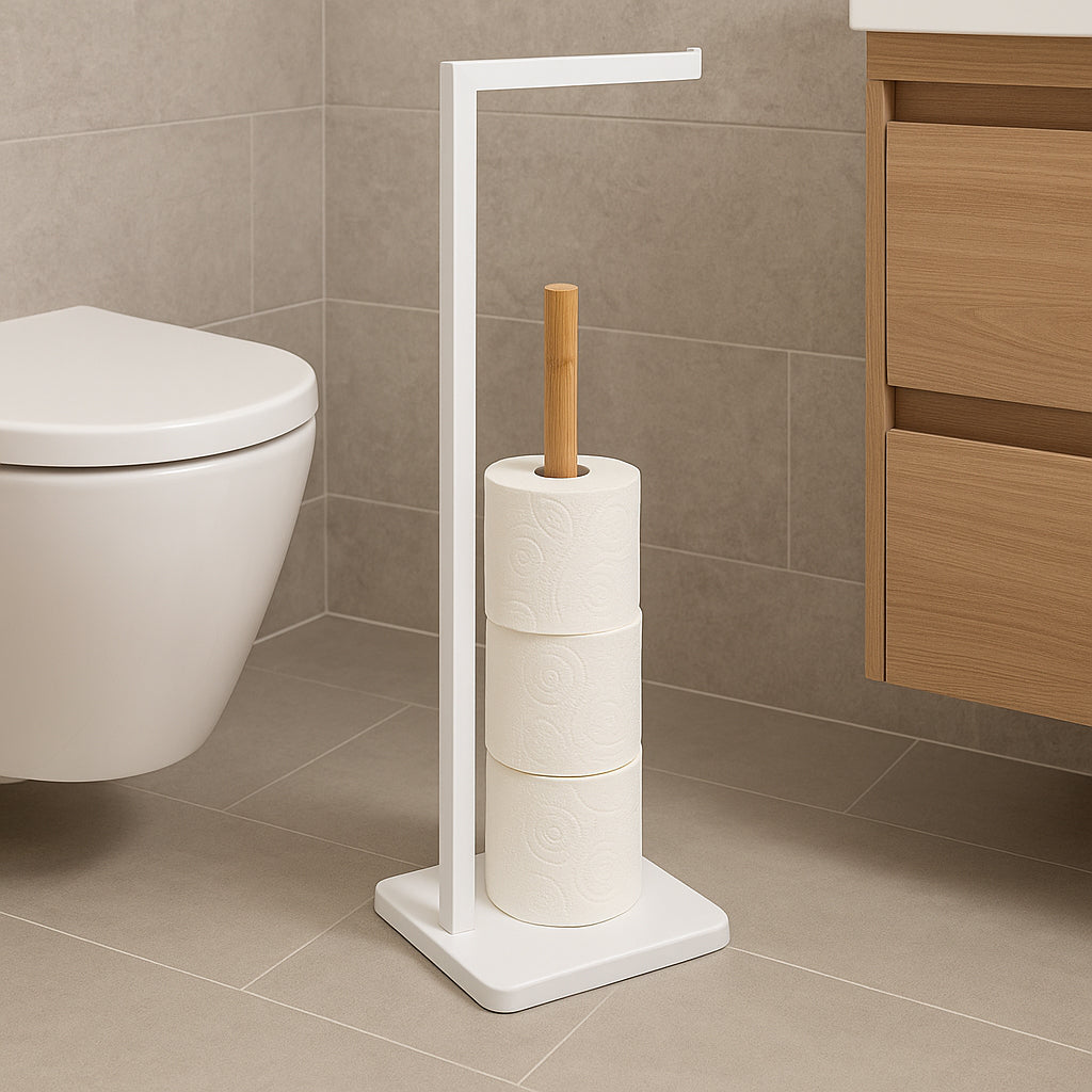Suport hartie igienica 5Five Natureo, metal si bambus, 20x20x65 cm, alb