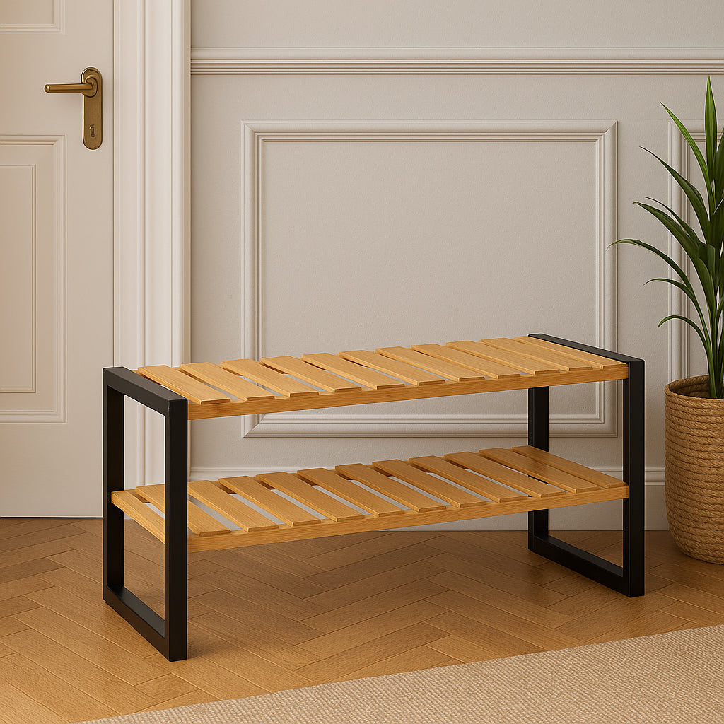 Suport pantofi 6 perechi 5Five Bamboo, din bambus, 70x26x34 cm, negru