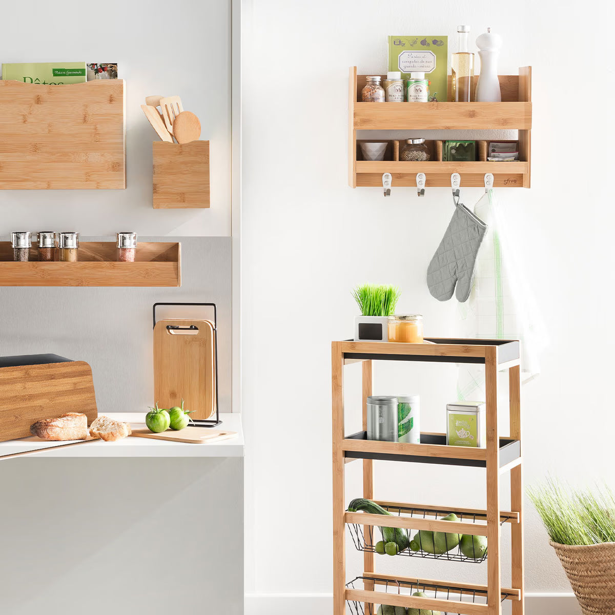 Carucior 5Five Blackwood cu 3 niveluri, bambus si MDF, 41x22x83 cm, natur si negru