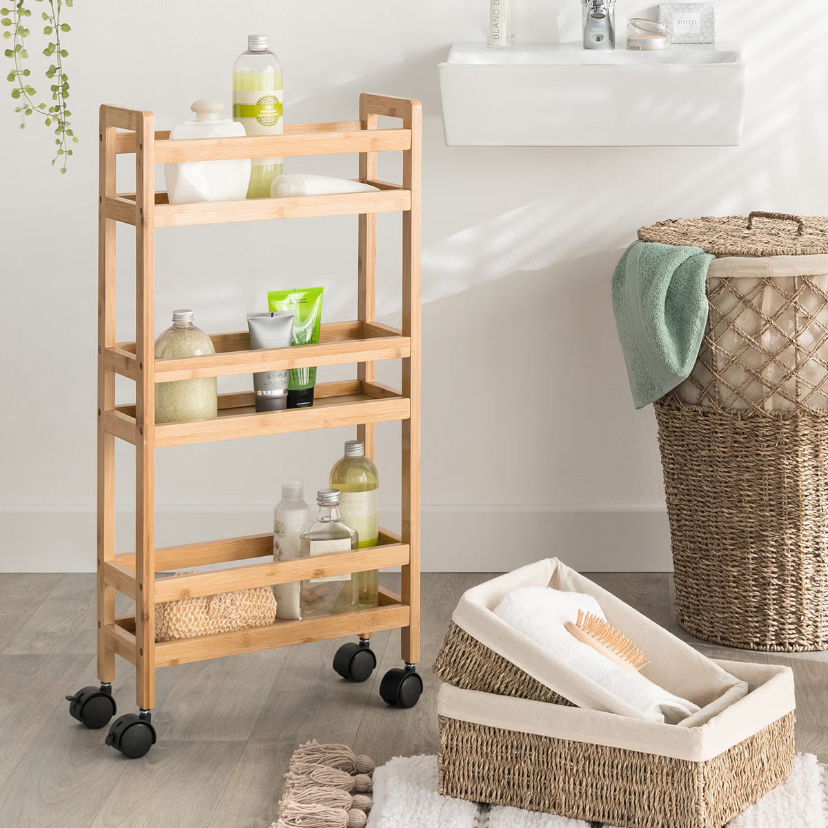 Etajera mobila cu 3 niveluri 5Five Bambou, din bambus, 36x15x74 cm, bej