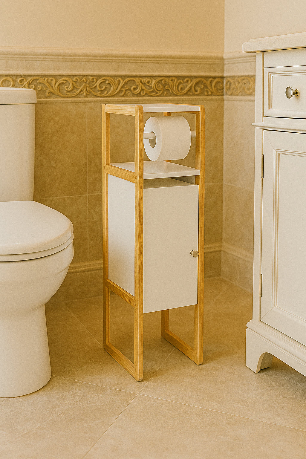 Suport hartie igienica 5Five Natureo cu dulapior, MDF, 33x20x80 cm, alb