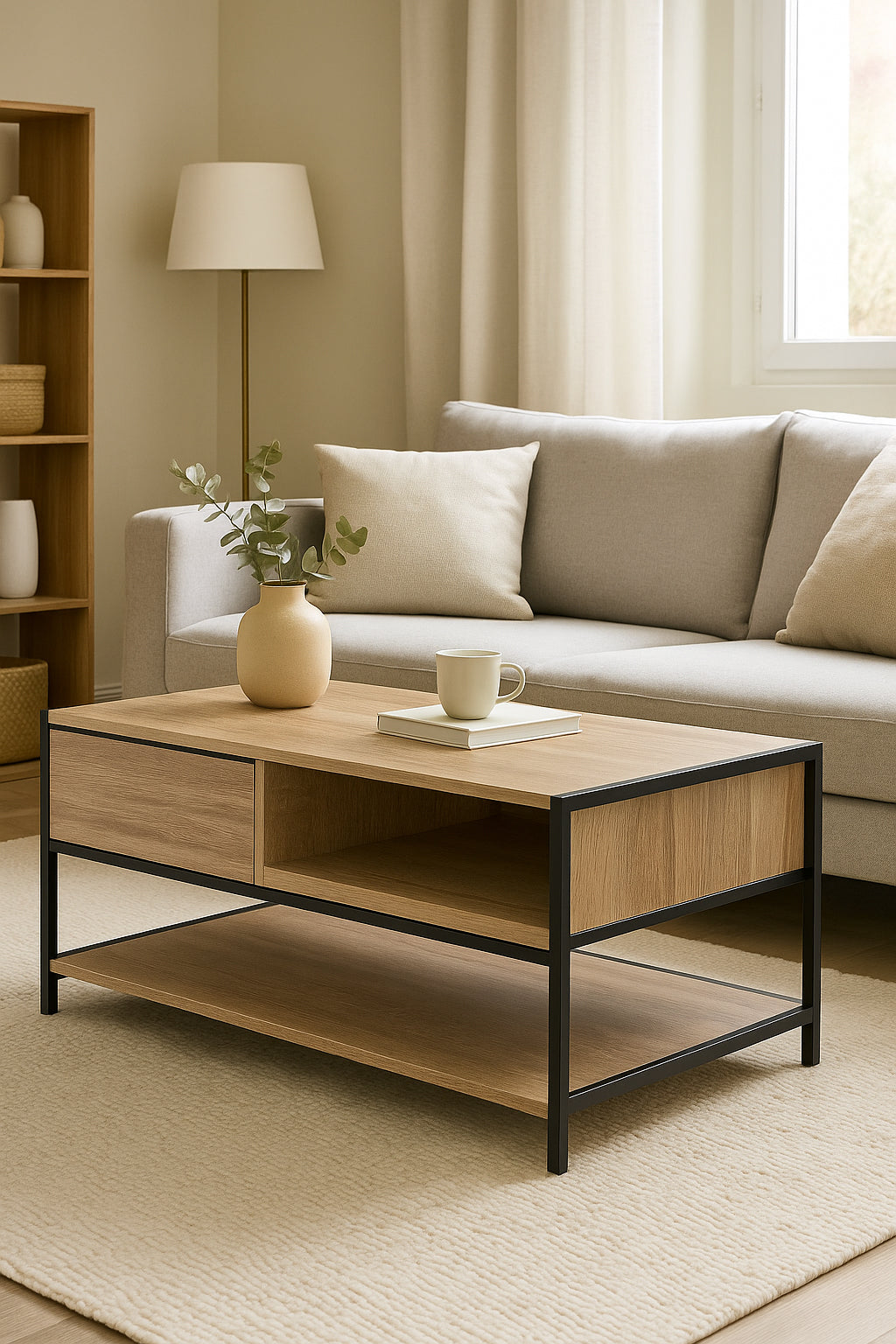 Masuta cafea 5Five Aliaj cu design rectangular, finisaj stejar, 100x40x50 cm, bej