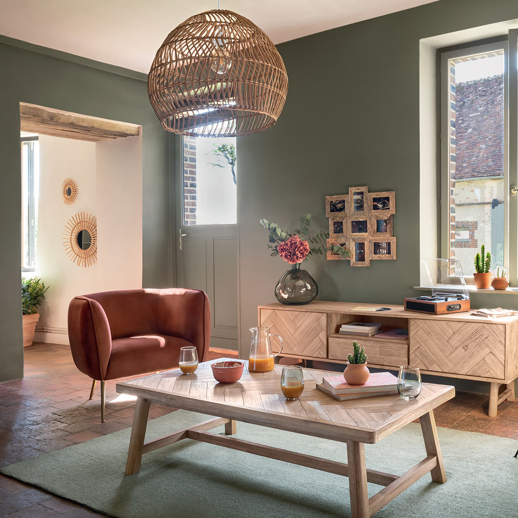 Masuta de cafea Atmosphera Aeris, lemn acacia si blat MDF chevron, 130x70x40 cm, natur