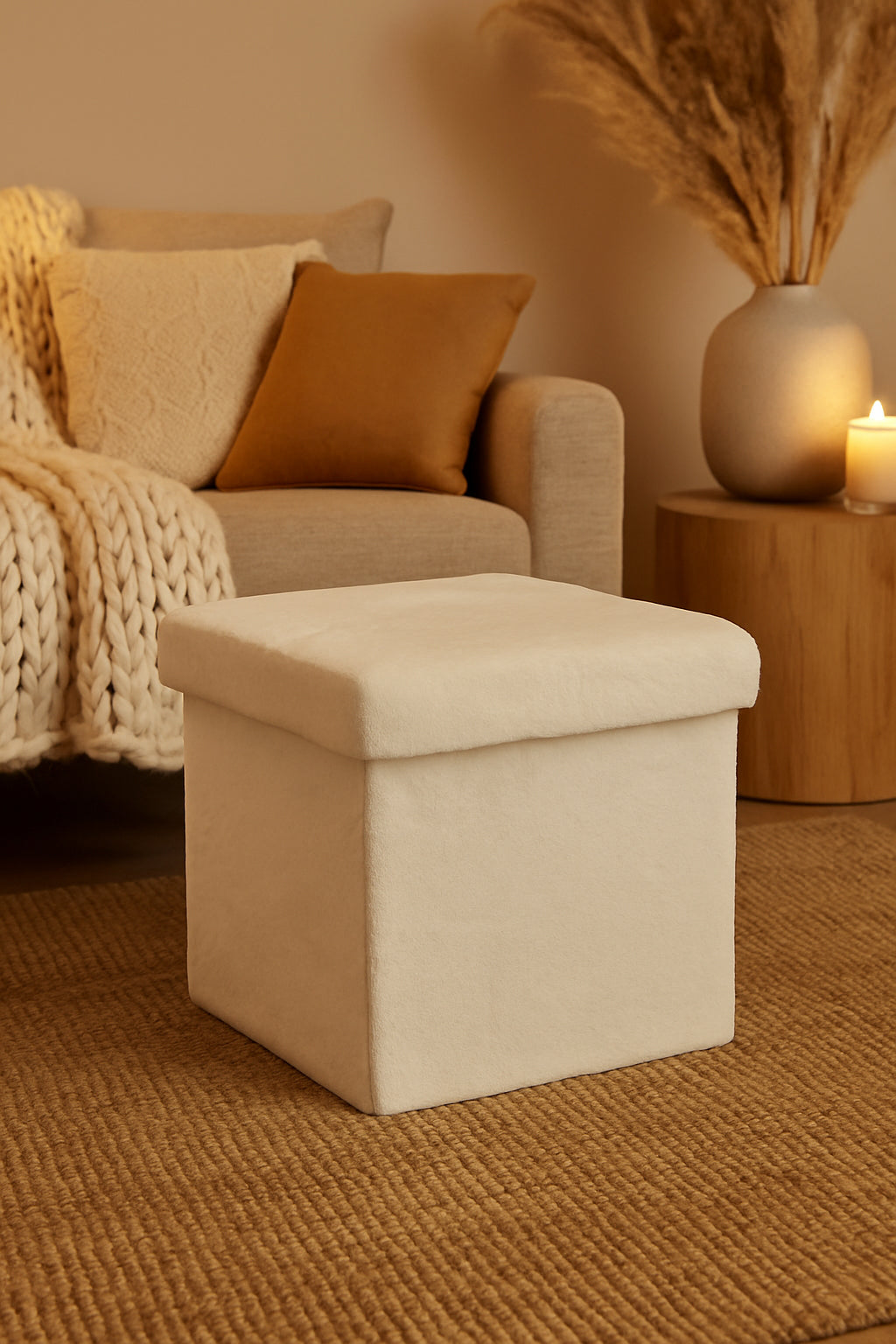 Taburet pliabil Atmosphera Ezzio cu spatiu depozitare, 38x38x38 cm, blana artificiala, alb