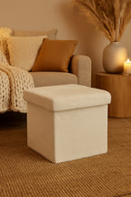 Taburet pliabil Atmosphera Ezzio cu spatiu depozitare, 38x38x38 cm, blana artificiala, alb