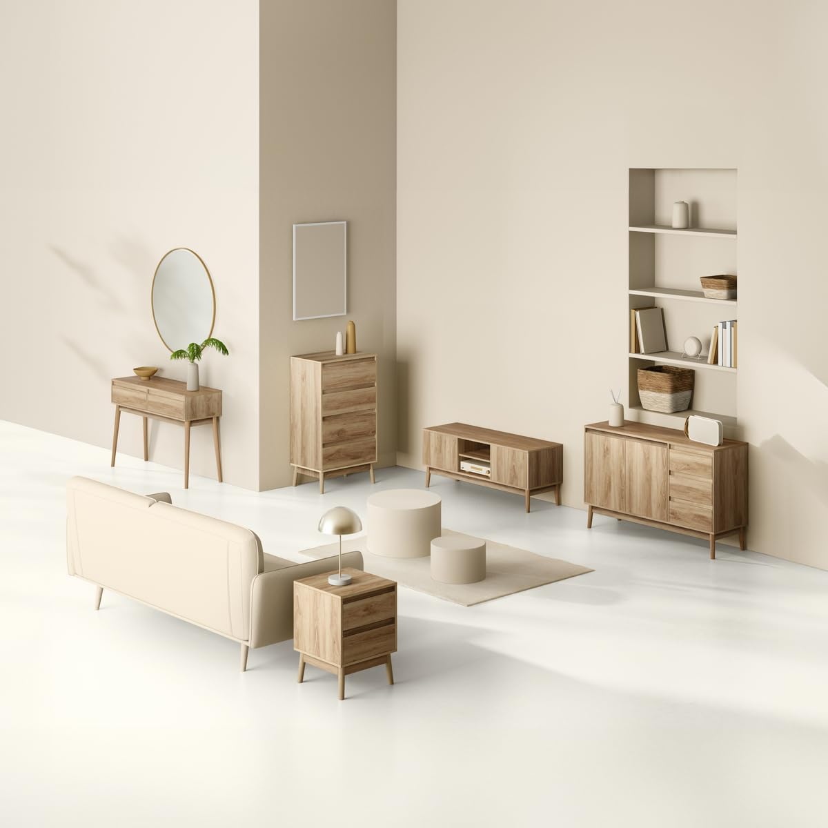 Noptiera 5Five Abana cu 2 sertare, PAL, finisaj stejar, 40x40x56 cm, bej