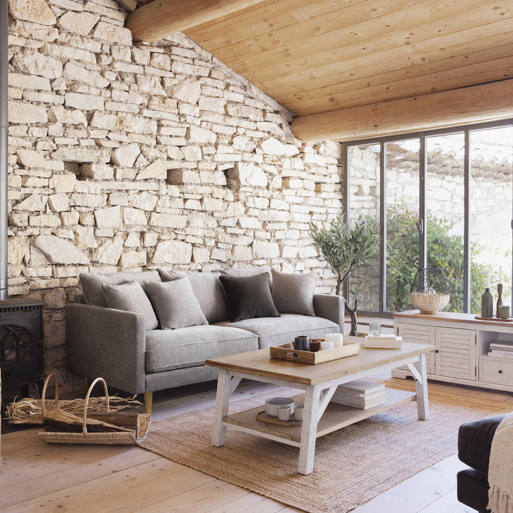 Masuta cafea Atmosphera Olbia cu 2 blaturi, MDF si acacia, 120x70x45 cm, alb