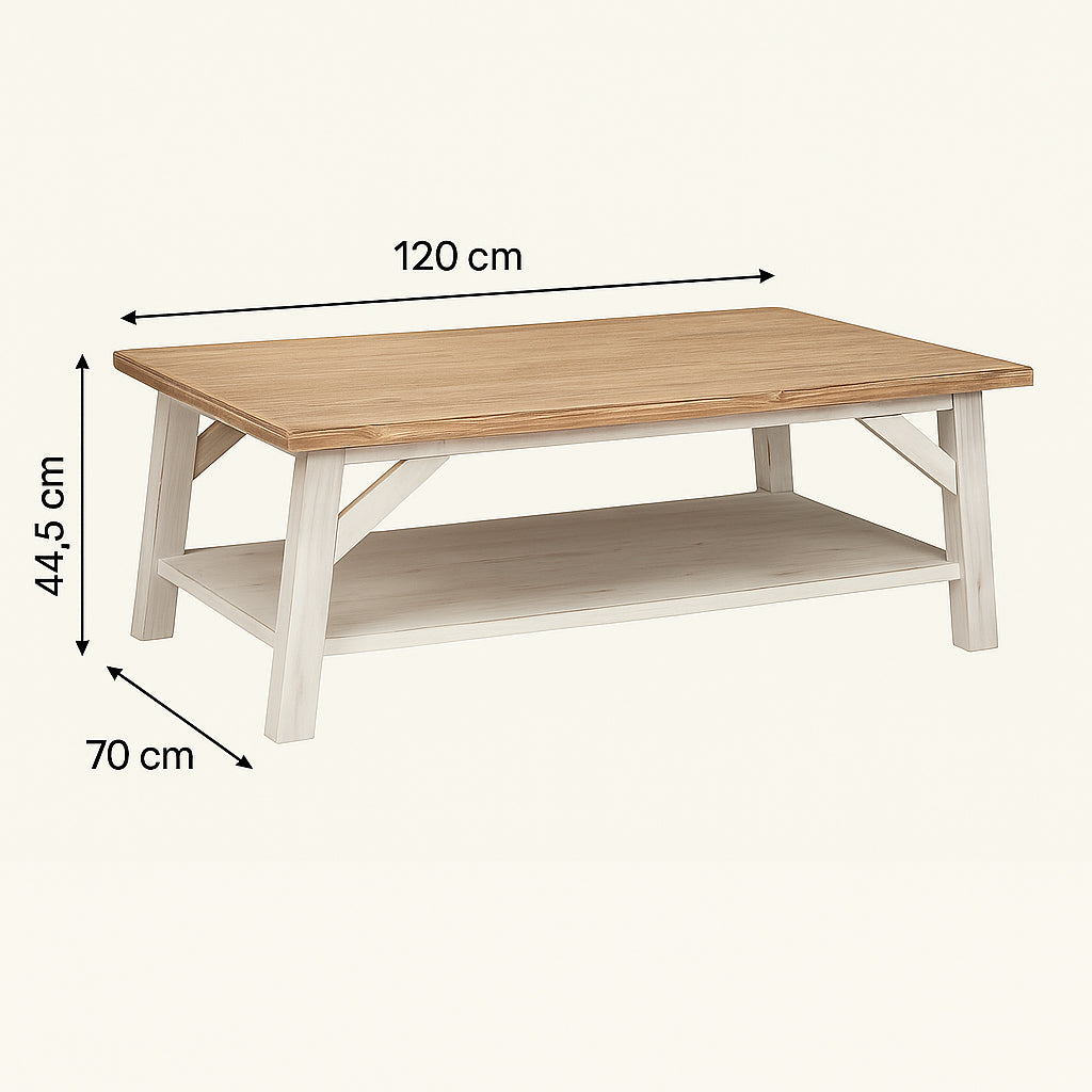 Masuta cafea Atmosphera Olbia cu 2 blaturi, MDF si acacia, 120x70x45 cm, alb