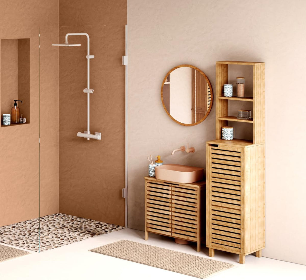 Dulap baie 5Five Sicela cu usa si rafturi, bambus, 38x33x168 cm, natur