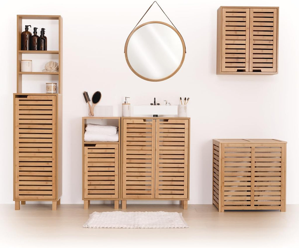 Dulap baie 5Five Sicela cu usa si rafturi, bambus, 38x33x168 cm, natur