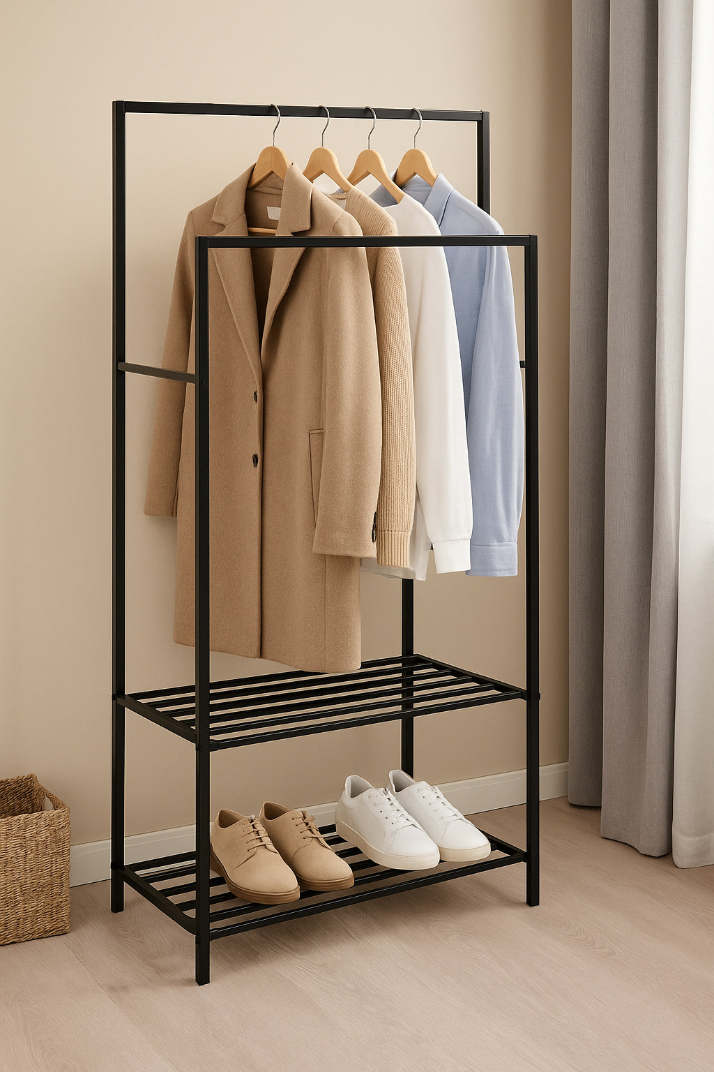 Suport haine 5Five Strongy cu bara dubla si roti, otel, 117x50x170 cm, negru