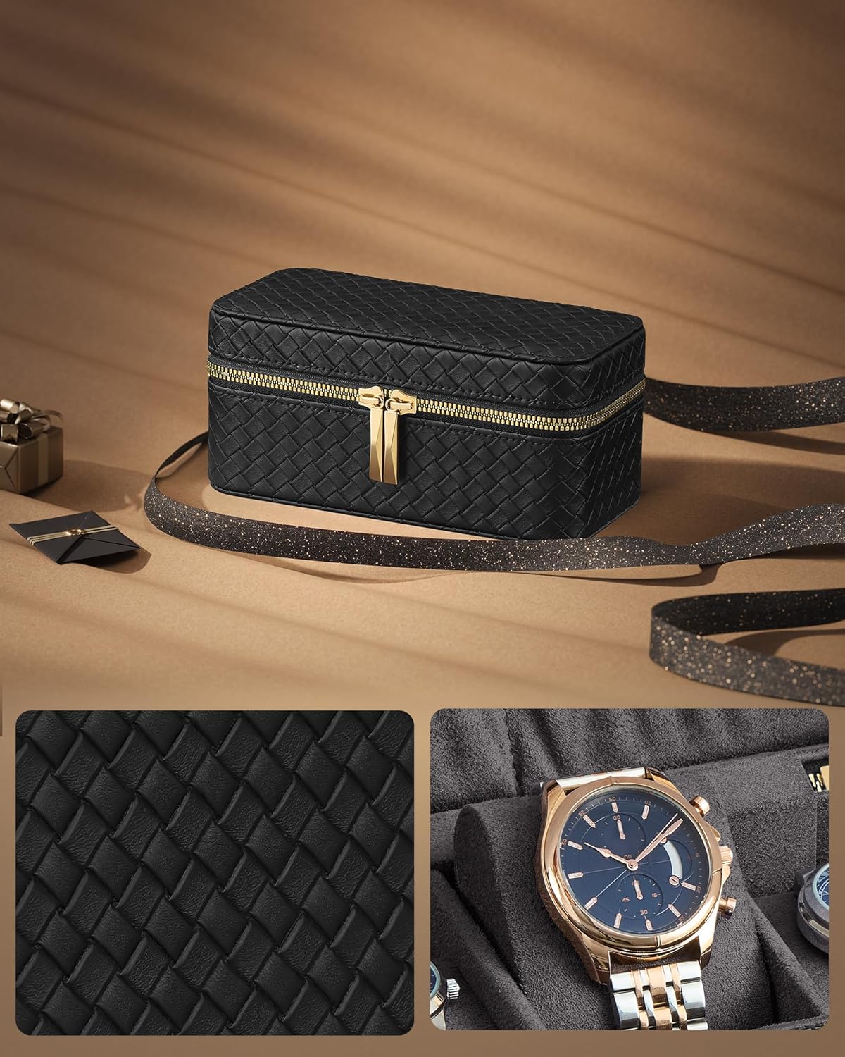 SONGMICS Cutie ceasuri Ronne Collection, pentru 3 ceasuri, piele PU aspect impletit, 10x20x9 cm, negru