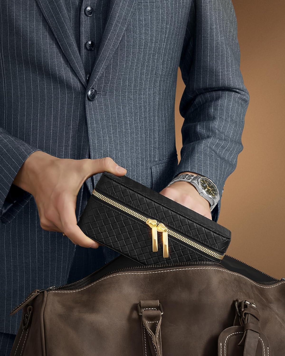 SONGMICS Cutie ceasuri Ronne Collection, pentru 3 ceasuri, piele PU aspect impletit, 10x20x9 cm, negru