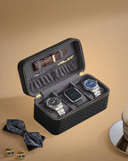 SONGMICS Cutie ceasuri Ronne Collection, pentru 3 ceasuri, piele PU aspect impletit, 10x20x9 cm, negru