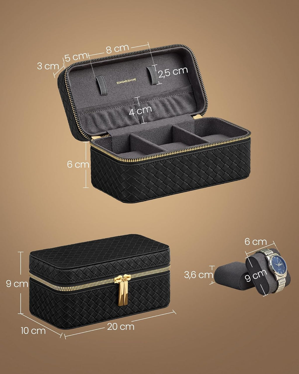 SONGMICS Cutie ceasuri Ronne Collection, pentru 3 ceasuri, piele PU aspect impletit, 10x20x9 cm, negru