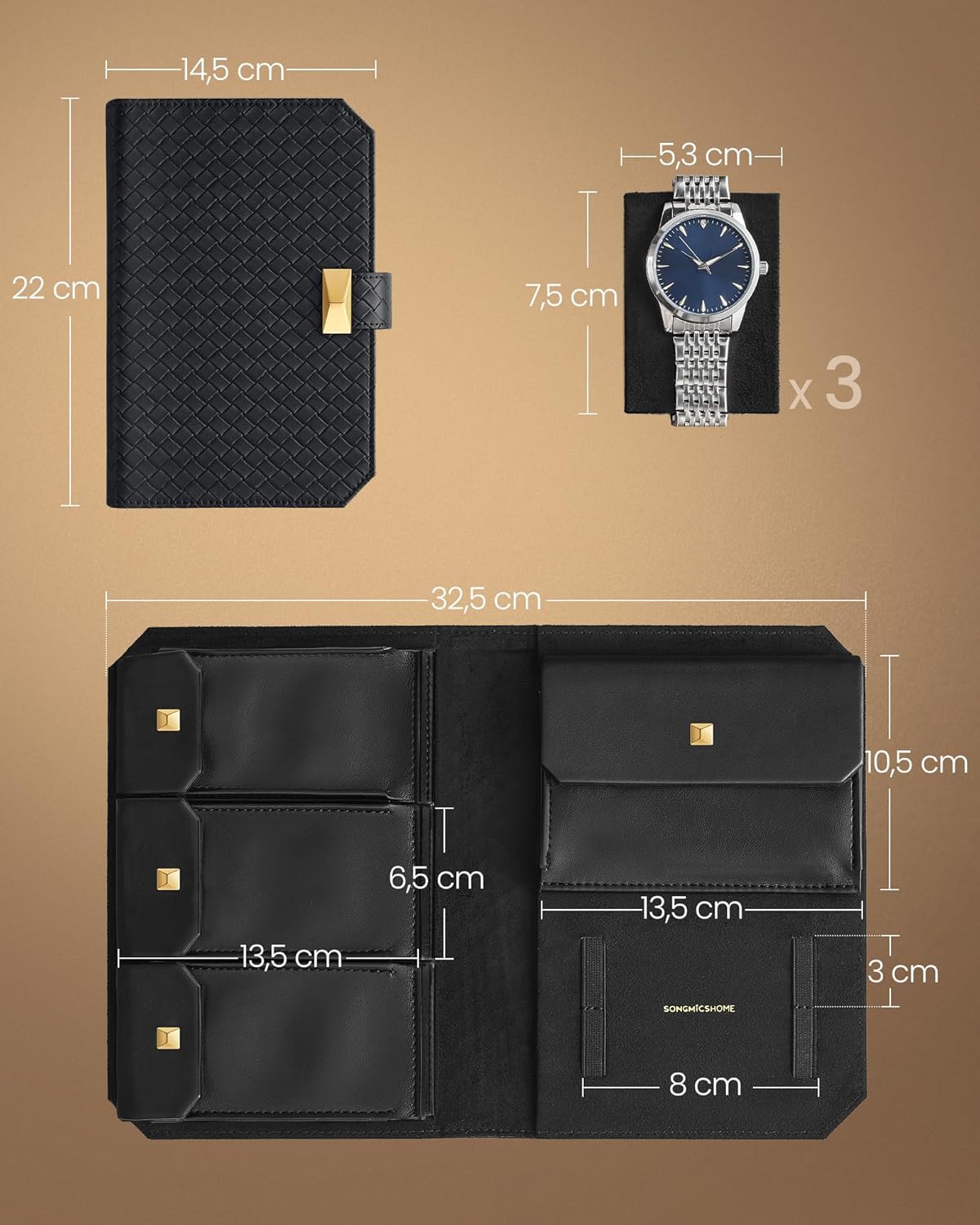 SONGMICS Cutie ceasuri Ronne Collection pentru 3 ceasuri, piele PU, cu compartiment secret, 22x15x5 cm, negru