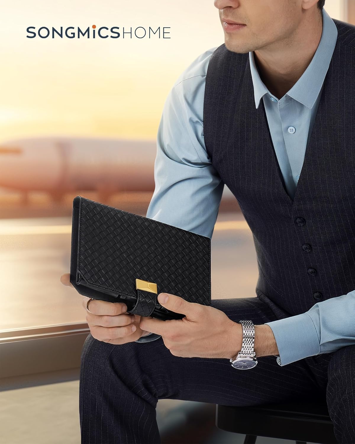 SONGMICS Cutie ceasuri Ronne Collection pentru 3 ceasuri, piele PU, cu compartiment secret, 22x15x5 cm, negru