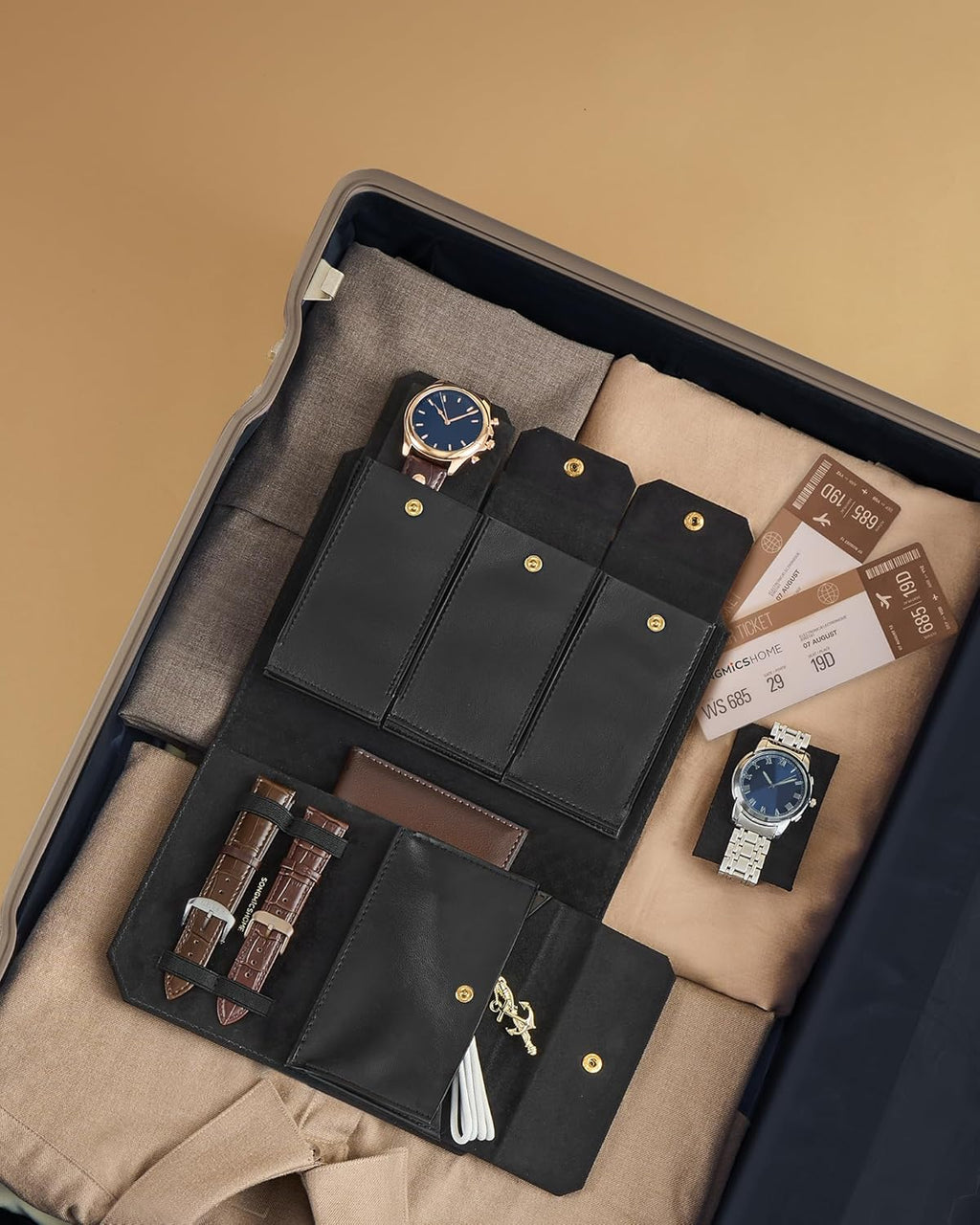 SONGMICS Cutie ceasuri Ronne Collection pentru 3 ceasuri, piele PU, cu compartiment secret, 22x15x5 cm, negru