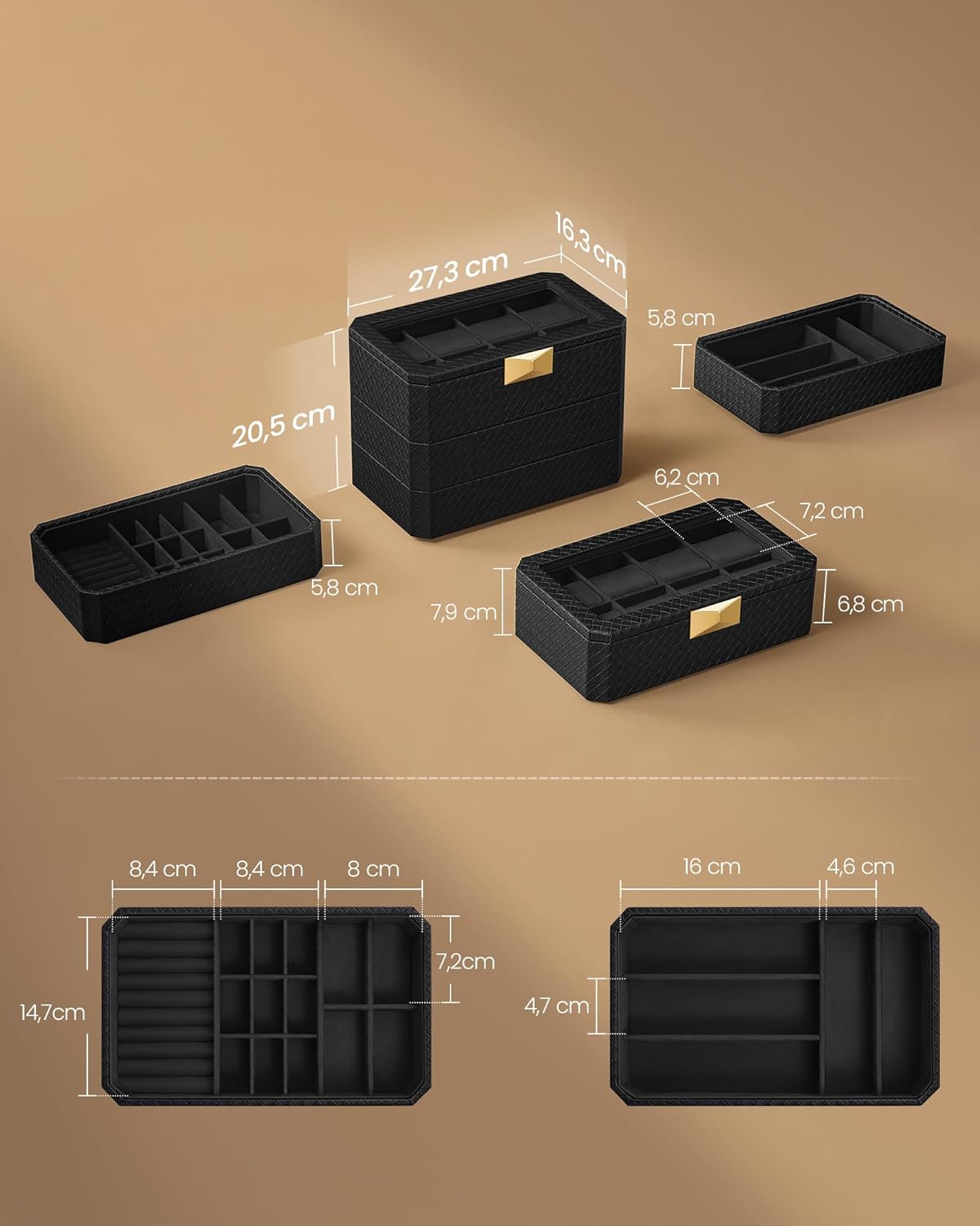 SONGMICS Cutie bijuterii si ceasuri Ronne, 3 niveluri, capac sticla, 27x20x16 cm, negru texturat