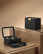 SONGMICS Cutie bijuterii si ceasuri Ronne, 3 niveluri, capac sticla, 27x20x16 cm, negru texturat