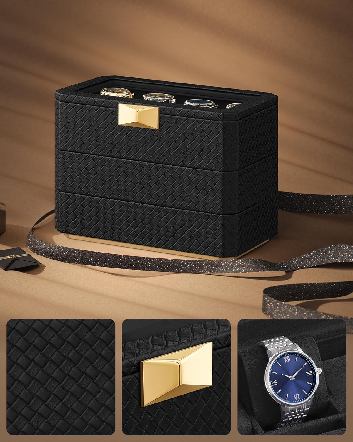 SONGMICS Cutie bijuterii si ceasuri Ronne, 3 niveluri, capac sticla, 27x20x16 cm, negru texturat