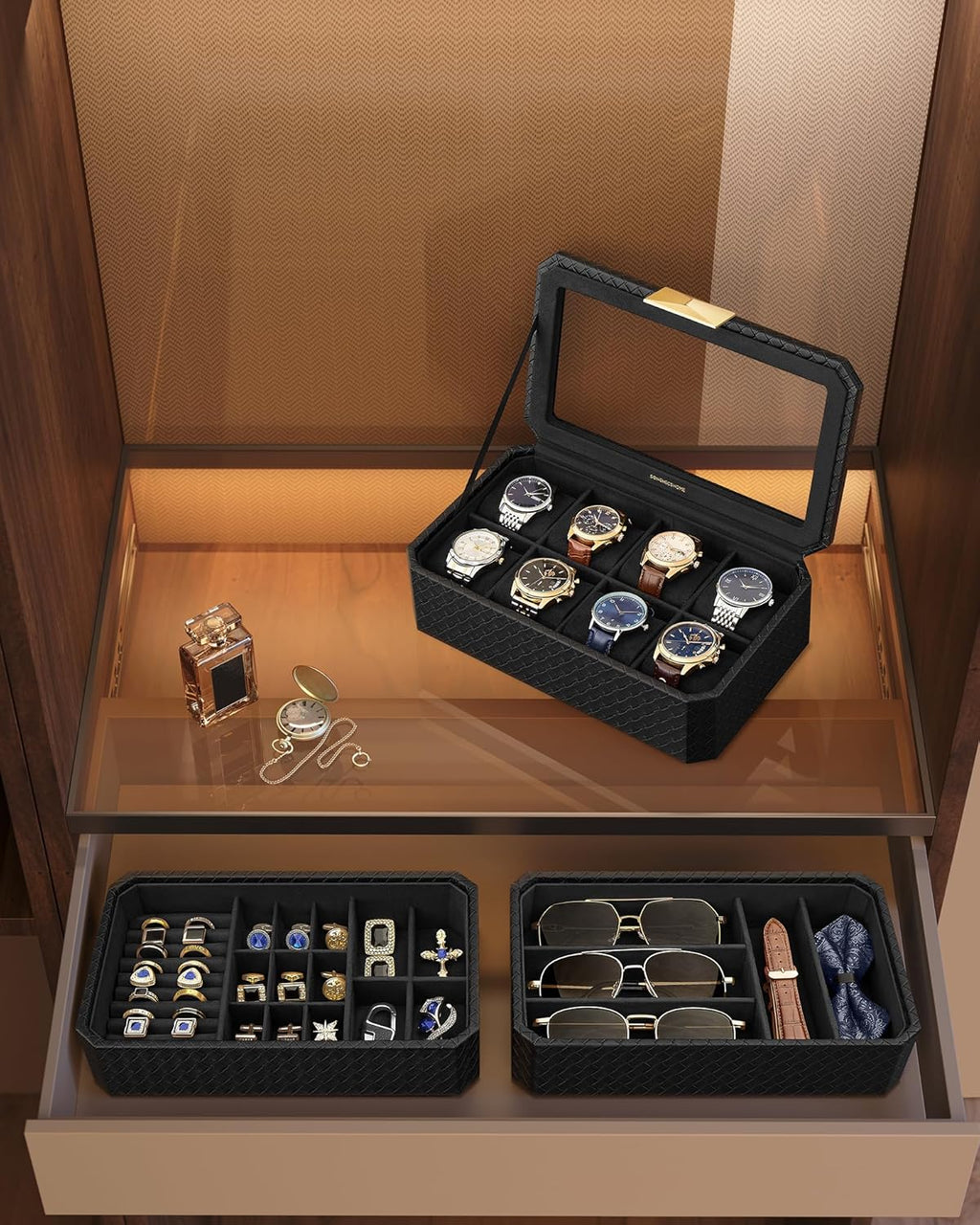 SONGMICS Cutie bijuterii si ceasuri Ronne, 3 niveluri, capac sticla, 27x20x16 cm, negru texturat