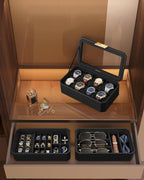 SONGMICS Cutie bijuterii si ceasuri Ronne, 3 niveluri, capac sticla, 27x20x16 cm, negru texturat