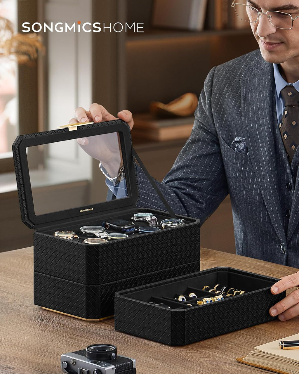 SONGMICS Cutie bijuterii si ceasuri Ronne, 3 niveluri, capac sticla, 27x20x16 cm, negru texturat