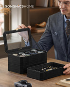 SONGMICS Cutie bijuterii si ceasuri Ronne, 3 niveluri, capac sticla, 27x20x16 cm, negru texturat