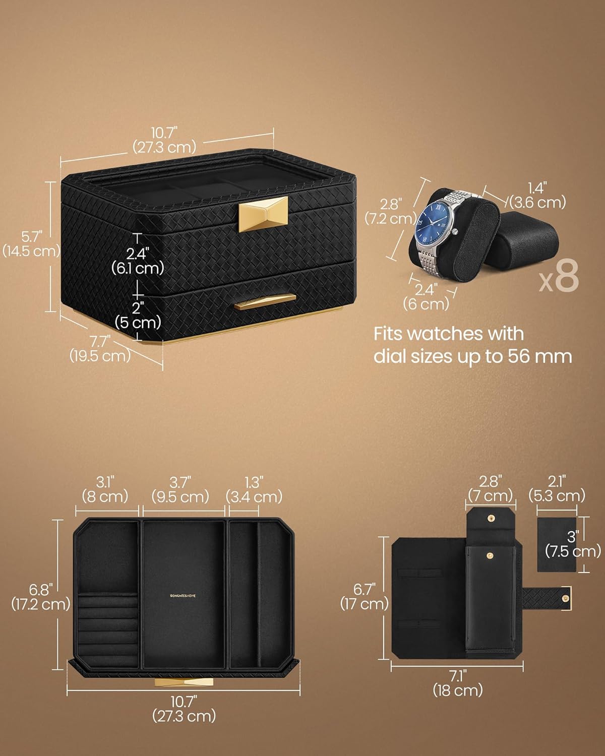 SONGMICS Cutie ceasuri Ronne Collection, 8 sloturi cu compartimente, piele PU impletita, 27x20x15 cm, negru