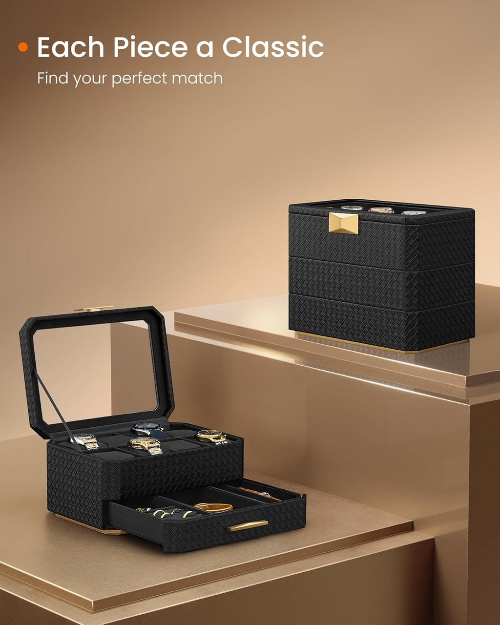 SONGMICS Cutie ceasuri Ronne Collection, 8 sloturi cu compartimente, piele PU impletita, 27x20x15 cm, negru