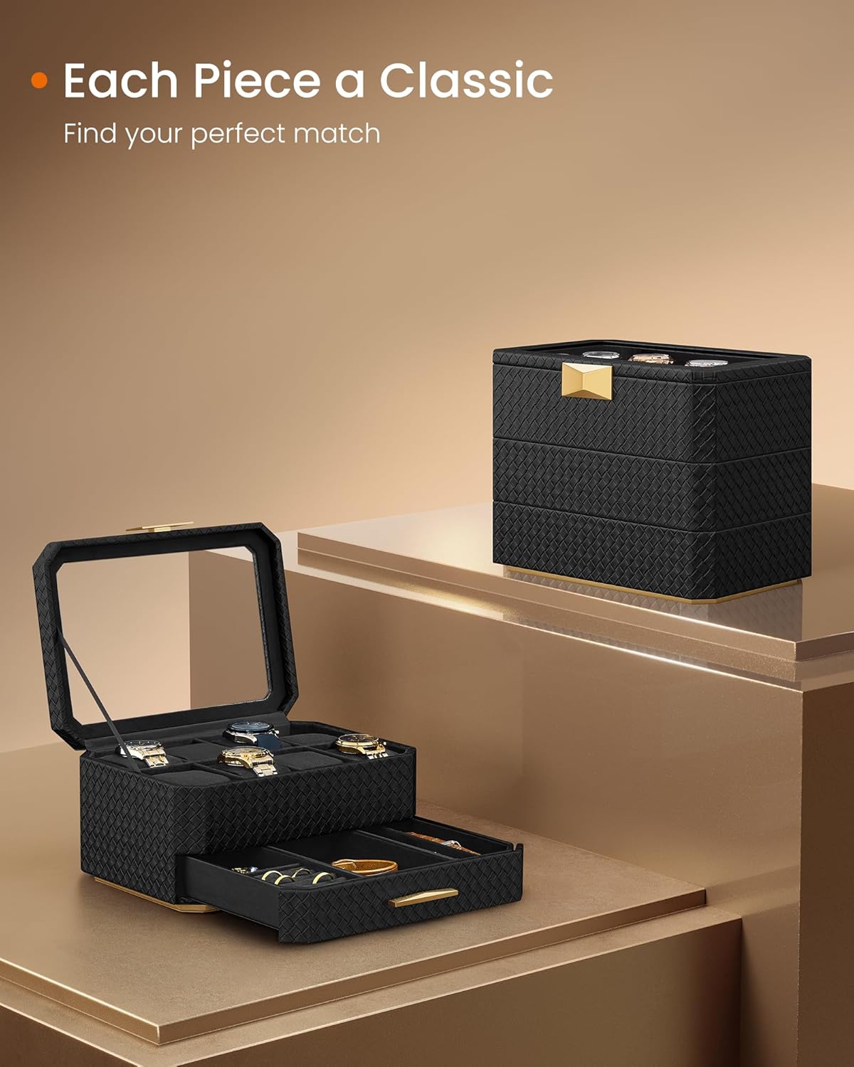 SONGMICS Cutie ceasuri Ronne Collection, 8 sloturi cu compartimente, piele PU impletita, 27x20x15 cm, negru