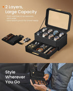 SONGMICS Cutie ceasuri Ronne Collection, 8 sloturi cu compartimente, piele PU impletita, 27x20x15 cm, negru