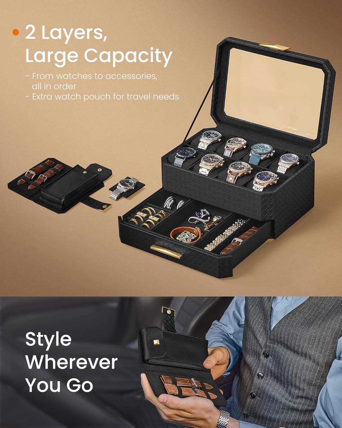 SONGMICS Cutie ceasuri Ronne Collection, 8 sloturi cu compartimente, piele PU impletita, 27x20x15 cm, negru