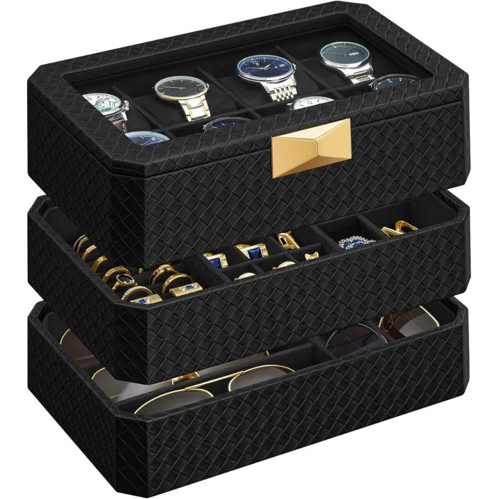 SONGMICS Cutie ceasuri Ronne Collection, 8 sloturi cu compartimente, piele PU impletita, 27x20x15 cm, negru