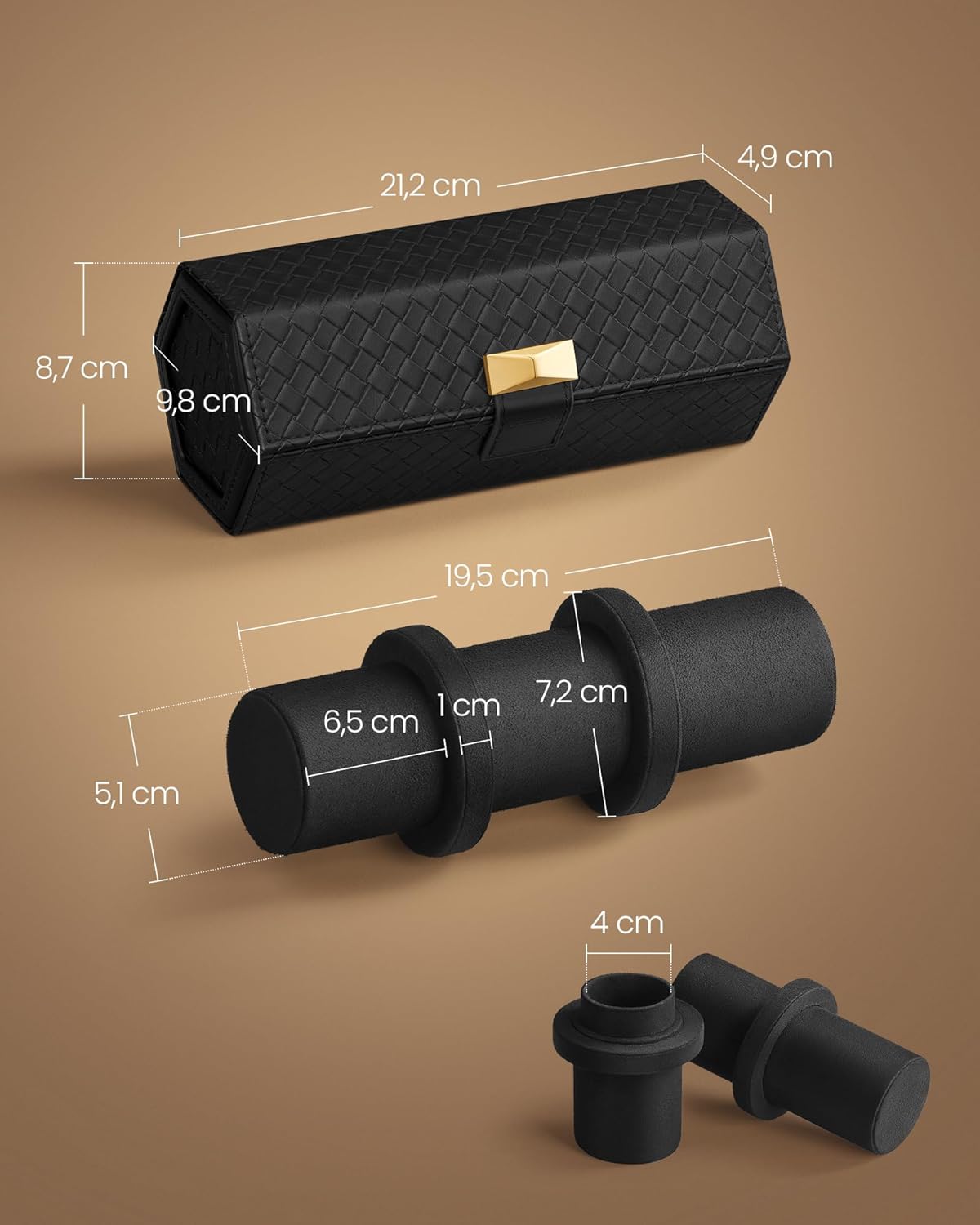 SONGMICS Cutie voiaj ceasuri Ronne, 3 compartimente + spatiu ascuns, 21x10x9 cm, negru
