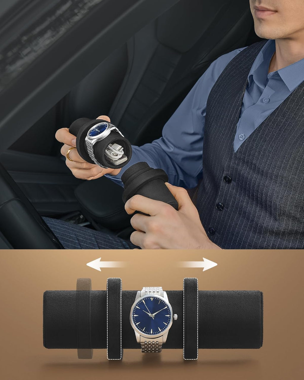 SONGMICS Cutie voiaj ceasuri Ronne, 3 compartimente + spatiu ascuns, 21x10x9 cm, negru