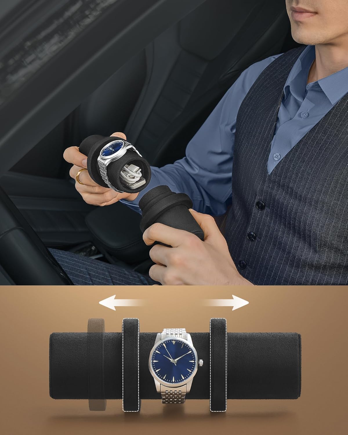 SONGMICS Cutie voiaj ceasuri Ronne, 3 compartimente + spatiu ascuns, 21x10x9 cm, negru