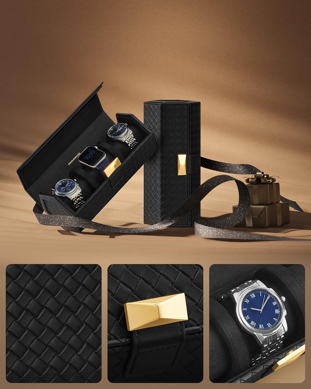 SONGMICS Cutie voiaj ceasuri Ronne, 3 compartimente + spatiu ascuns, 21x10x9 cm, negru