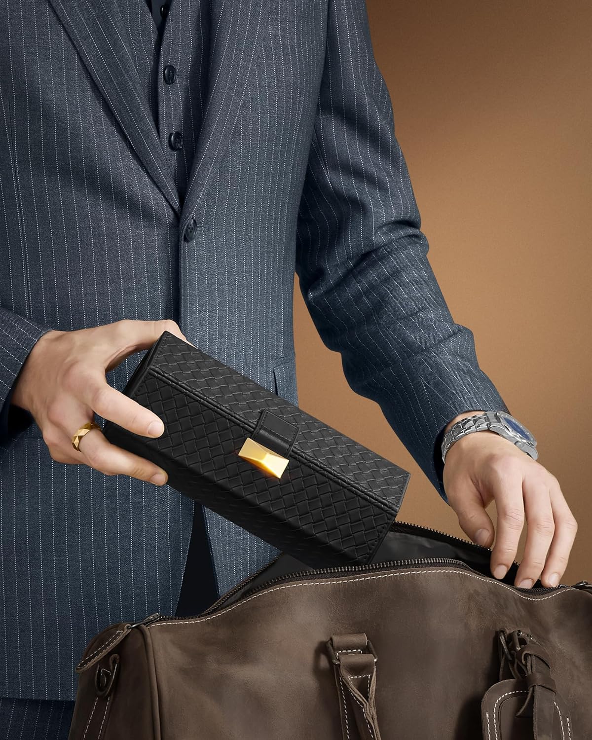 SONGMICS Cutie voiaj ceasuri Ronne, 3 compartimente + spatiu ascuns, 21x10x9 cm, negru