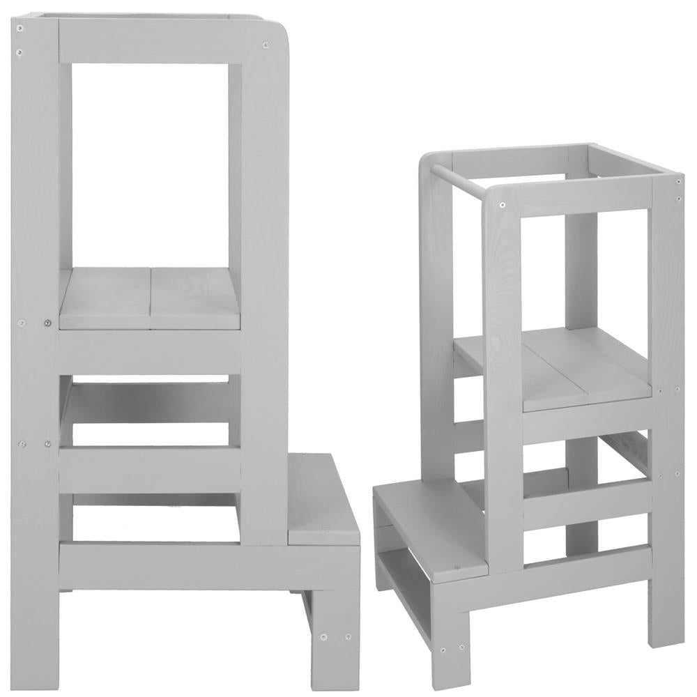 Turn de invatare inaltator multifunctional din lemn, platforma reglabila pe 3 inaltimi, 90x39x44 cm, gri