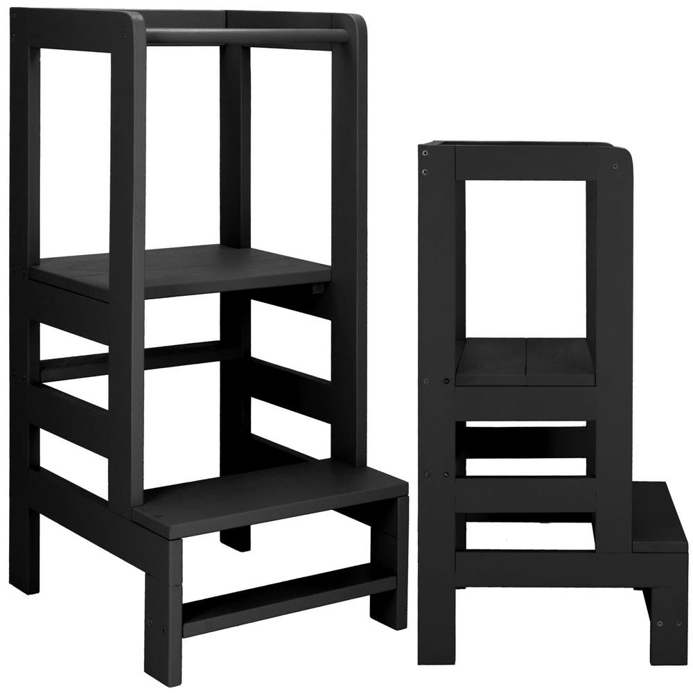 Turn de invatare inaltator multifunctional din lemn, platforma reglabila pe 3 inaltimi, 90x39x44 cm, negru